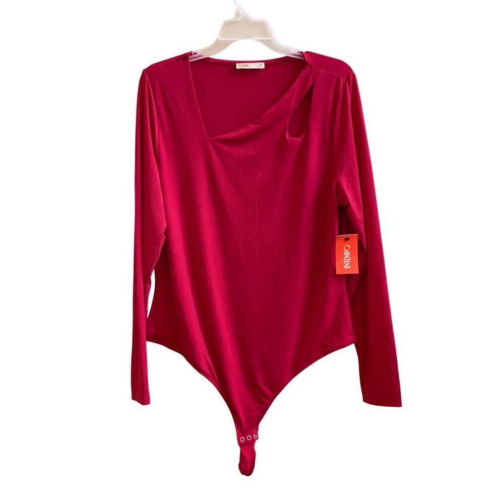 Red Long-Sleeve Bodysuit With Asymmetric Neckline & Snap Closure - Intempo 1X